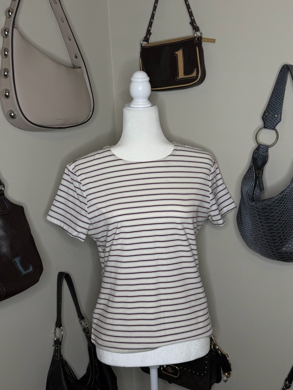 Abercrombie & Fitch White Tee with Thin Burgundy/Baby Blue Stripes - Size L